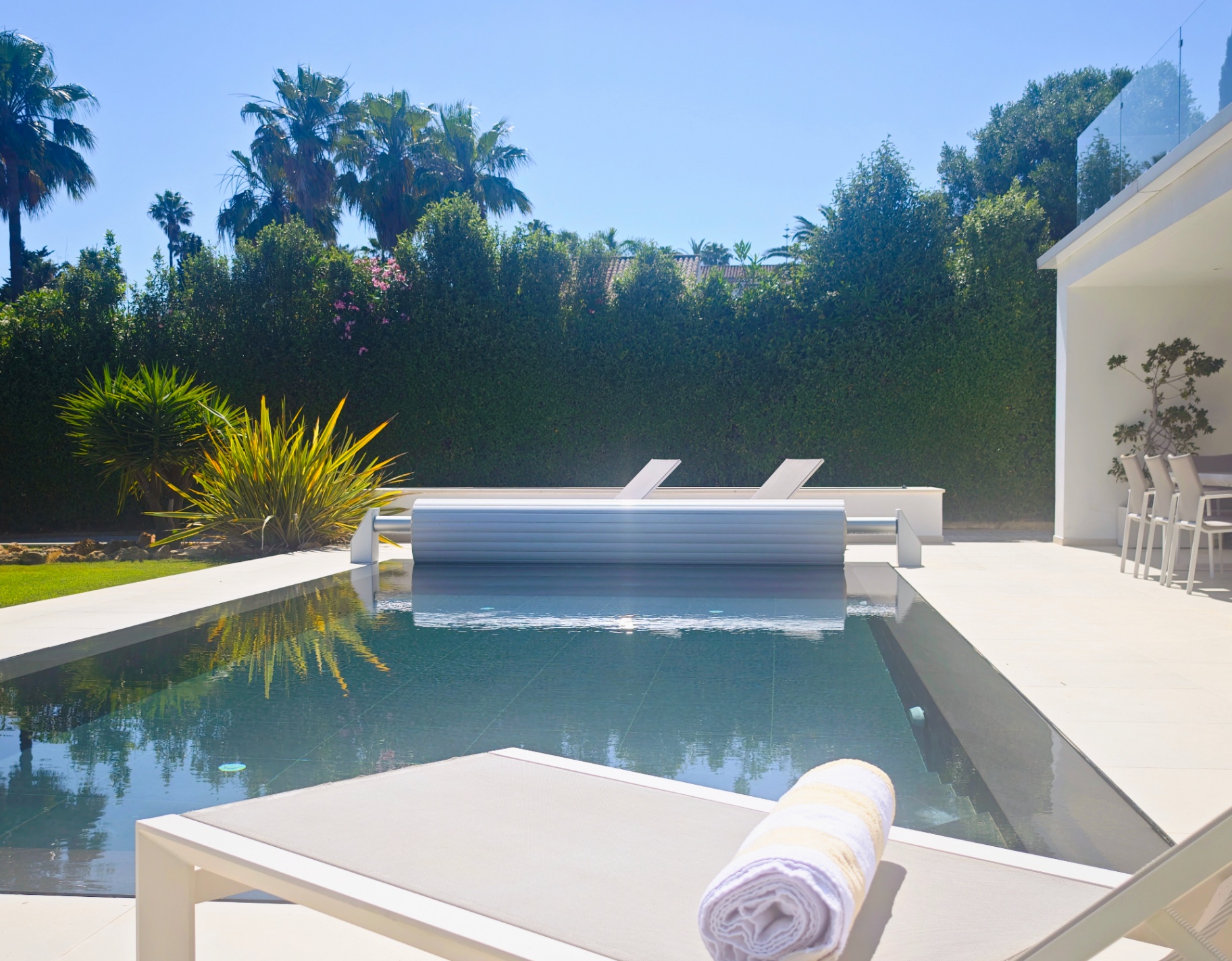 Infinity pool framed by the outdoor dining table and sculpted dragon tree